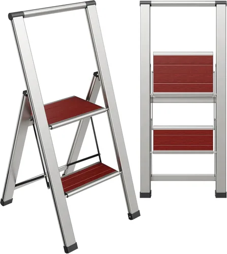Miniatura 20 de Escalera plegable de 3 escalones, decorativa, hermosa madera gris y aluminio negro, perfil ultra delgado, peldaños antideslizantes, resistente