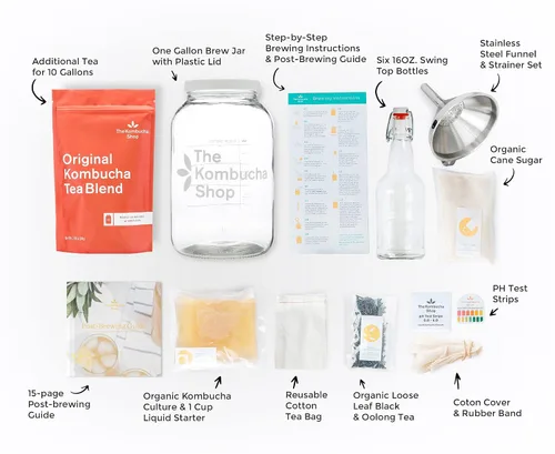 Miniatura 2 de The Kombucha Shop, Kit de preparación de Kombucha de lujo con té para hacer 10 galones adicionales, seis botellas con tapa abatible, embudo de acero