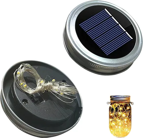 Paquete de 2 tapas de luz solar para tarros de masón | Luces solares impermeables con luces de hadas blancas cálidas, encendido/apagado automático