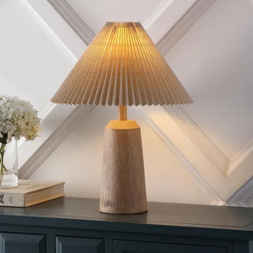 Miniatura 3 de JONATHAN Y JYL1146A Arvid 20.5" lámpara de mesa LED estilo faro escandinavo rústico de resina/hierro con pantalla plisada, acabado en madera beige