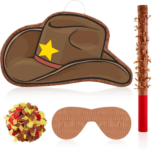Miniatura 11 de Lewtemi Sombrero de Vaquero de 15.7 Pulgadas para Piñata, Decoración Temática de Vaquero Occidental para Fiesta de Cumpleaños, Recuerdos con Palo
