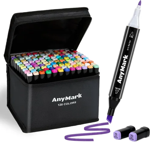 AnyMark Marcadores de alcohol, 120 colores de doble punta para adultos, dibujo de libros, bocetos, pintura, cincel y fino, negro