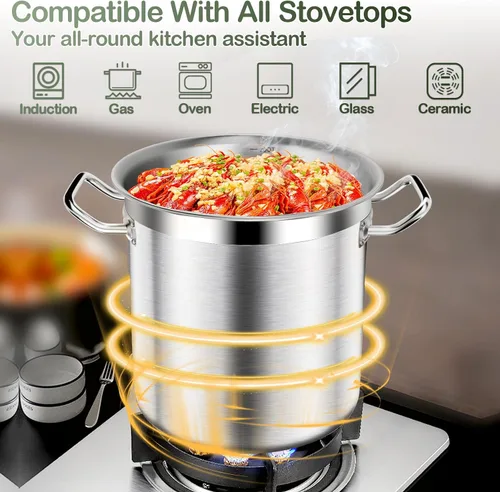 Miniatura 4 de Olla de acero inoxidable de 20 cuartos de galón con tapa, parte inferior de tres capas resistente de grado comercial olla grande y ollas para hervir