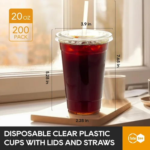Miniatura 2 de Turbo Bee 200 juegos de vasos de plástico transparente de 20 onzas con tapas y pajitas, tazas de café helado desechables para llevar con tapas