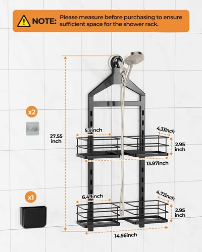 Miniatura 2 de ODesign Organizador de ducha de 2 niveles de altura ajustable, organizador de almacenamiento de estantes de baño, cesta de color negro