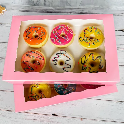 Miniatura 4 de Paquete de 15 cajas de pastelería rosa para panadería de 12 x 8 x 2.5 pulgadas, donas grandes, magdalenas, cajas de galletas con ventana de PVC