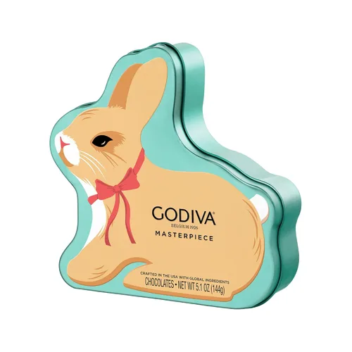 Godiva Masterpieces - Lata de conejo de Pascua, leche surtida y chocolate negro con ganache y caramelo, regalos de chocolate gourmet de Pascua,