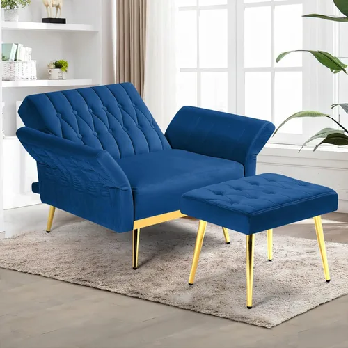Miniatura 2 de Silla decorativa de terciopelo con respaldo y reposabrazos ajustables, sillón reclinable individual con otomana y patas mentales doradas para sala