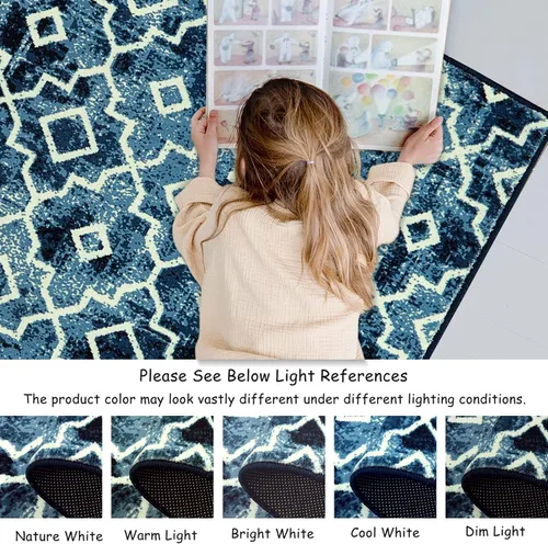 Miniatura 6 de Moynesa Alfombra marroquí lavable de 2 x 3 pulgadas, pequeña, azul, para cocina, baño, suave, antideslizante, de pelo bajo, moderna, geométrica