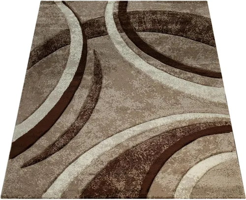 Alfombra de área con patrón de rayas de corte de contorno marrón, beige y mezcla de crema, tamaño: 3 pies 11 pulgadas x 5 pies 7 pulgadas