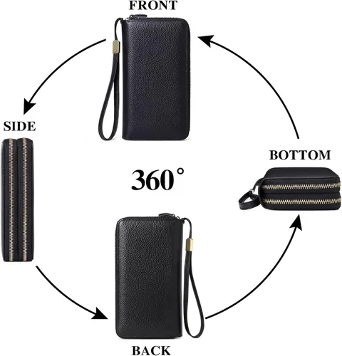 Miniatura 4 de SENDEFN Cartera grande de cuero con bloqueo RFID y cremallera alrededor para mujer, tarjetero de crédito con bolsillo con cremallera, Doble