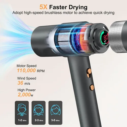 Miniatura 3 de Secador de pelo, secadora de alta velocidad de 110,000 RPM, secador de pelo iónico de 200 millones con pantalla HD, secador de pelo profesional