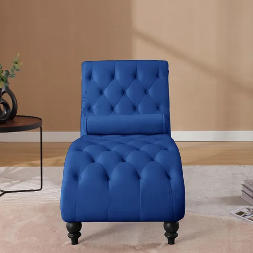 Miniatura 3 de Moderna tumbona de terciopelo para interiores con ribete de cabeza de clavo, sillón sin brazos con botones para interior con almohada lumbar y 4