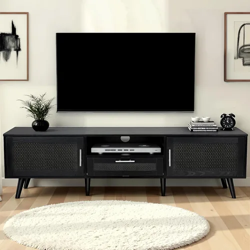Finnhomy Soporte de TV bohemio de 59 pulgadas para TV de hasta 70 pulgadas, consola de TV con 2 puertas decoradas de ratán hechas a mano, mesa de TV