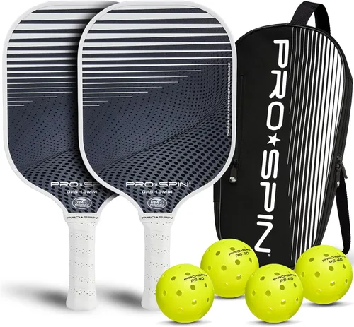 PRO-SPIN Paletas de pickleball de fibra de carbono, juego de 2 con bolas para interiores y exteriores, bolsa o 1 paquete con cubierta, regalo Set