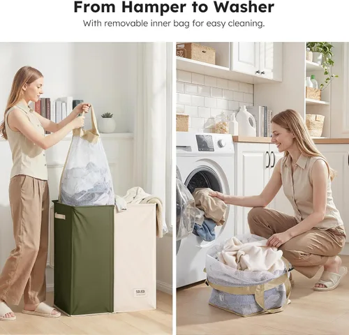 Miniatura 5 de SOLEDI Cesta de lavandería grande doble con tapa, cesta de ropa plegable de 2 secciones con bolsas extraíbles, cesta de lavandería que ahorra