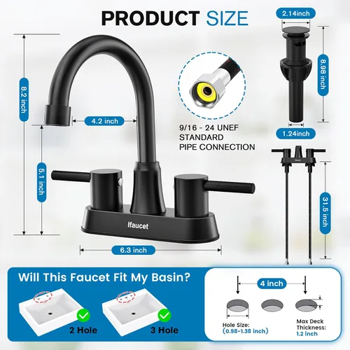Miniatura 2 de Grifo de baño negro de 3 agujeros, grifos de baño para fregadero de 3 agujeros, grifo de lavabo de baño, juego central de 4 pulgadas y 2 asas, sin
