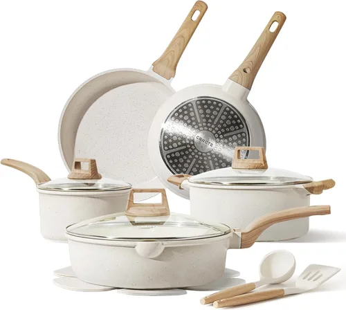 CAROTE Juego de 14 piezas de ollas y sartenes antiadherentes, juego de utensilios de cocina con protectores de sartenes Blanco crema