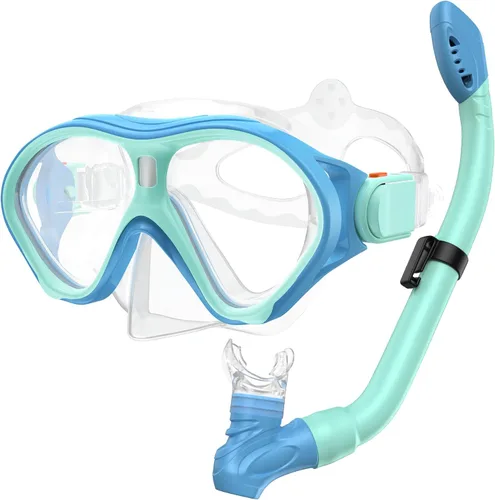 Gintenco Equipo de esnórquel para niños, juego de esnórquel para niños de 6 a 14 años, gafas de natación de vidrio templado antivaho antifugas,