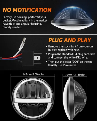 Miniatura 3 de UNI-SHINE Faro LED para motocicleta de 5.75 pulgadas, 5-3/4 pulgadas, aprobado por DOT, con DRL de haz alto y bajo, Plug and Play, faro clásico