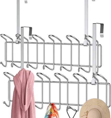 Over The Door - Perchero de 13 ganchos resistente para colgar en la pared, colgador de ropa de puerta para sala de estar, guardarropa, baño, acabado