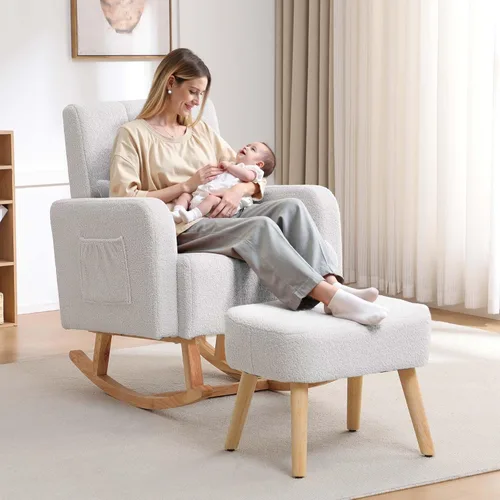 Miniatura 13 de HCHAIRH Mecedora para guardería con otomana, mecedora tapizada con respaldo alto y bolsillo lateral, sillón con patas de madera maciza para Gris