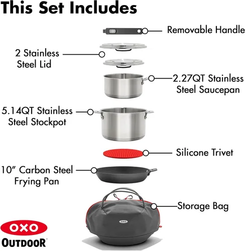 Miniatura 3 de OXO Juego de 8 utensilios de cocina para acampar al aire libre, sartén de acero al carbono pre-sazonado de 10 pulgadas, cacerolas de acero