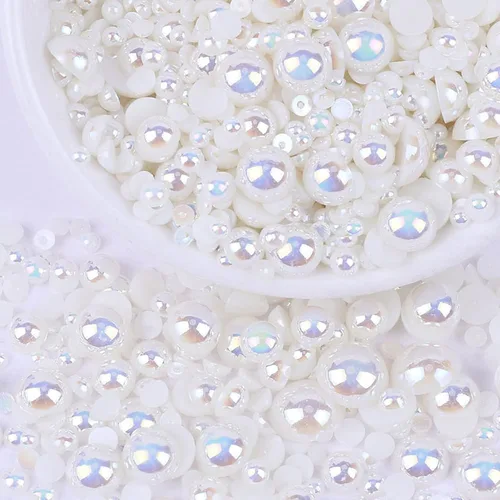 Miniatura 26 de Perlas con parte trasera plana para manualidades, 50g Mezcla Azul Rosa Blanco Medias perlas para manualidades, Tamaño mixto 3/4/5/6/8/10mm Perlas