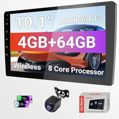 Haudio Pantalla Carplay HD de 10.1 pulgadas para coche con pantalla táctil de 720P, estéreo de coche de doble DIN, procesador de 8 núcleos, cámara