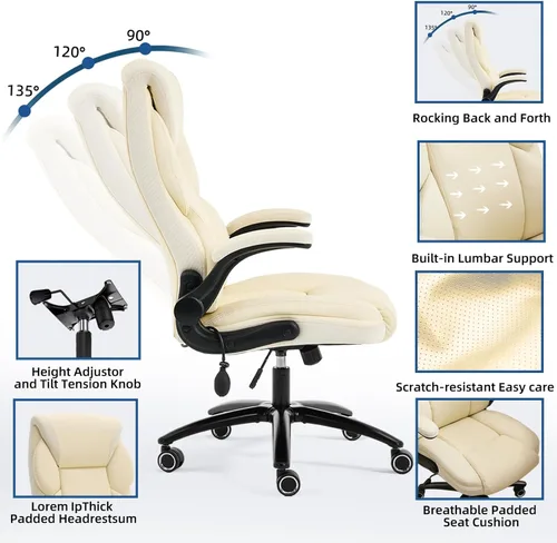 Miniatura 5 de Silla ergonómica de oficina para juegos, cómoda, silla de escritorio de cuero transpirable con soporte lumbar y soporte para la espalda, cómoda Beige