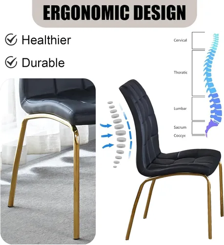 Miniatura 7 de Juego de 4 sillas de comedor de piel sintética, modernas sillas de comedor negras con patas de metal dorado y respaldo ergonómico, tapizadas