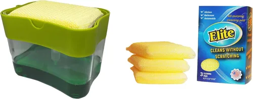 Elite Buddy Dispensador de jabón para platos y organizador de esponjas (verde hierba) con almohadilla de limpieza multiusos Elite 3 unidades