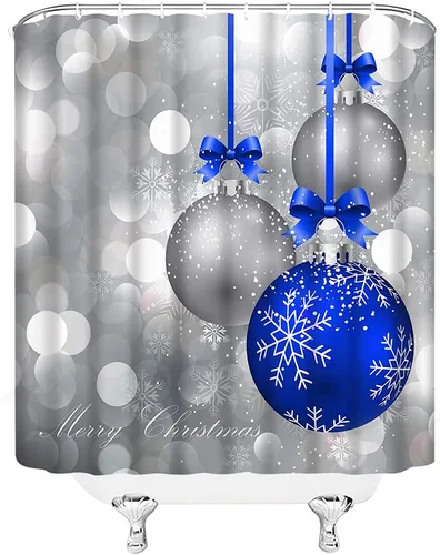 Miniatura 3 de Cortina de ducha de Feliz Navidad, bola de Navidad azul y plateada, brillante, impresa, feliz año nuevo, fiesta, juego de decoración de baño