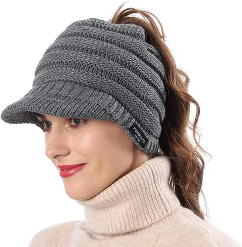 Miniatura 2 de FORBUSITE Gorro de punto cálido para mujer con diseño de cola de caballo para coleta, gorro B085
