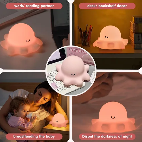 Miniatura 5 de YR YRHH-PET Luz nocturna de pulpo rosa, lámpara LED blanda novedosa de animales, luz nocturna de silicona de grado alimenticio, 3 niveles