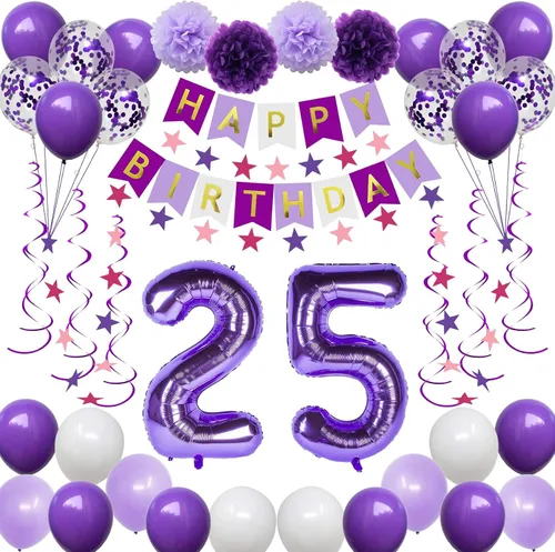 Miniatura 10 de Decoraciones de cumpleaños número 10 para niñas, globos morados de feliz cumpleaños, pancarta, globos de números, serpentinas de estrellas