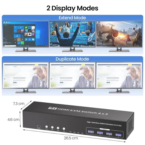 Miniatura 5 de Conmutador KVM HDMI de tres monitores USB 3.0, 4K60Hz 4 puertos HDMI KVM Switch 3 Monitores 4 Computadoras, 4 PC Share 1 Juego de teclado, ratón, 3