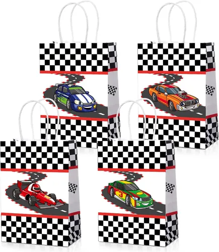 24 bolsas de regalo para fiestas de autos de carreras, bolsas de papel con asas para niños y niños, con temática de bandera de carreras a cuadros,
