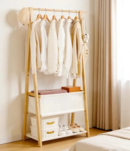 Miniatura 5 de Perchero de bambú con caja de almacenamiento y estante de almacenamiento, perchero portátil extra grande para ropa, armario plegable para entrada