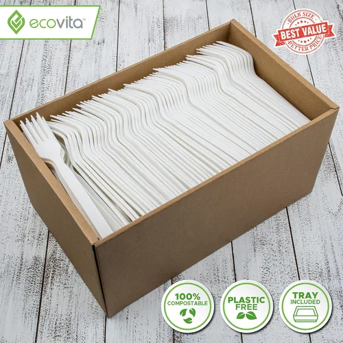 Miniatura 2 de Ecovita Tenedores 100% compostables – 500 utensilios desechables grandes (7 pulgadas) tamaño a granel, ecológico, duradero y resistente al calor