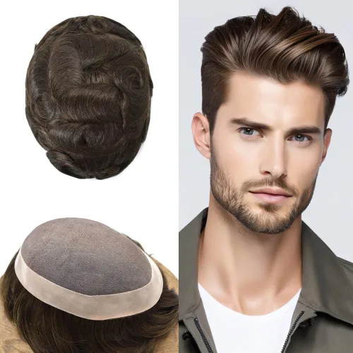 Miniatura 37 de Tupé para hombre, pieza de cabello humano real, monofilamento, tupé para hombres, postizos, unidades de sistema de reemplazo de cabello, gris