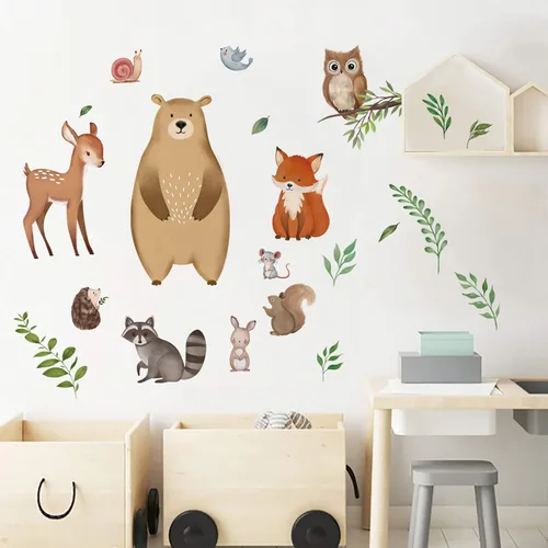 Miniatura 3 de decalmile Calcomanías de pared de hojas de animales del bosque, diseño de oso zorro, ciervo, decoración de pared para habitación de bebé, habitación