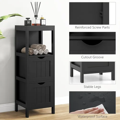 Miniatura 8 de Tangkula Armario de almacenamiento de baño pequeño con 2 cajones extraíbles, armario de piso independiente de madera para baño, dispositivo Negro