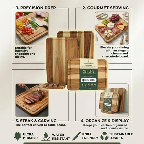 Miniatura 7 de Juego de 3 tablas de cortar de madera de acacia con soporte (16 x 12 pulgadas, 14 x 10 pulgadas, 12 x 8 pulgadas), charcutería de grano de borde