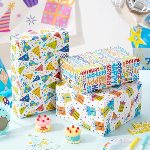 Miniatura 8 de Hojas de papel de regalo de cumpleaños, paquete de 8 envolturas de regalo para regalos de cumpleaños infantiles, 4 diseños coloridos con feliz
