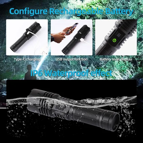 Miniatura 3 de Linternas recargables LED superbrillantes, linternas tácticas con zoom con 6 modos (lámpara UV), linterna de alta potencia de 6000 lúmenes, luces