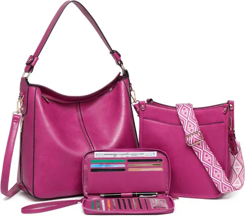 Miniatura 13 de Carteras para Mujeres 3PCS, Juego de Bolsos Cruzados Bolso Grande de Cuero Carteras de Hombro con Billetera Correas Ajustables para Damas Tote