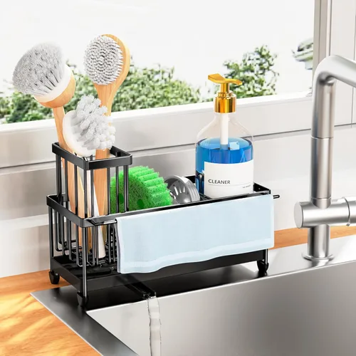 Miniatura 19 de Cisily Soporte de esponja negro extra grande para fregadero de cocina, organizador de fregadero con soporte alto para cepillos, organizadores