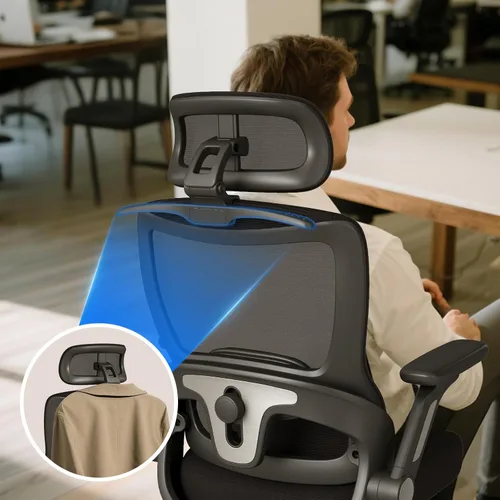 Miniatura 3 de Silla de oficina ergonómica, silla de escritorio con respaldo alto con brazos abatibles, reposacabezas, soporte lumbar ajustable, bloqueo