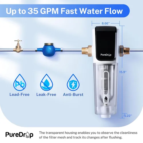 Miniatura 5 de PureDrop PDR-ARB50WSP Filtro de agua de sedimentos giratorio, módulo de auto-lavado con pantalla táctil, filtro de sedimentos reutilizable para toda